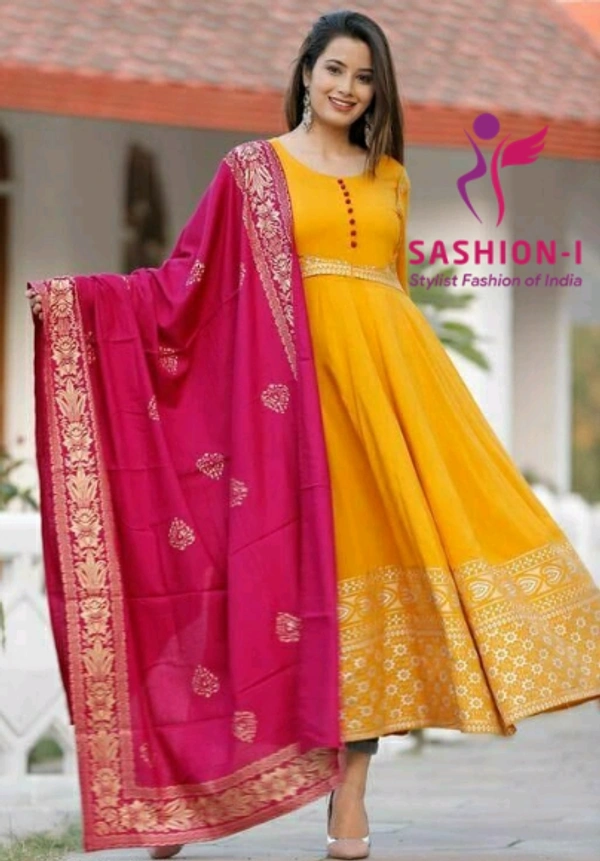 Yellow Trending Kurta Zari Work with Pink Rayon Dupatta - Yellow with Pink Dupatta